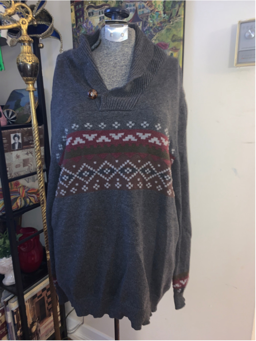 Men's Haggar Crewneck Sweater Large Grey Maroon Patterned Shawl Collar